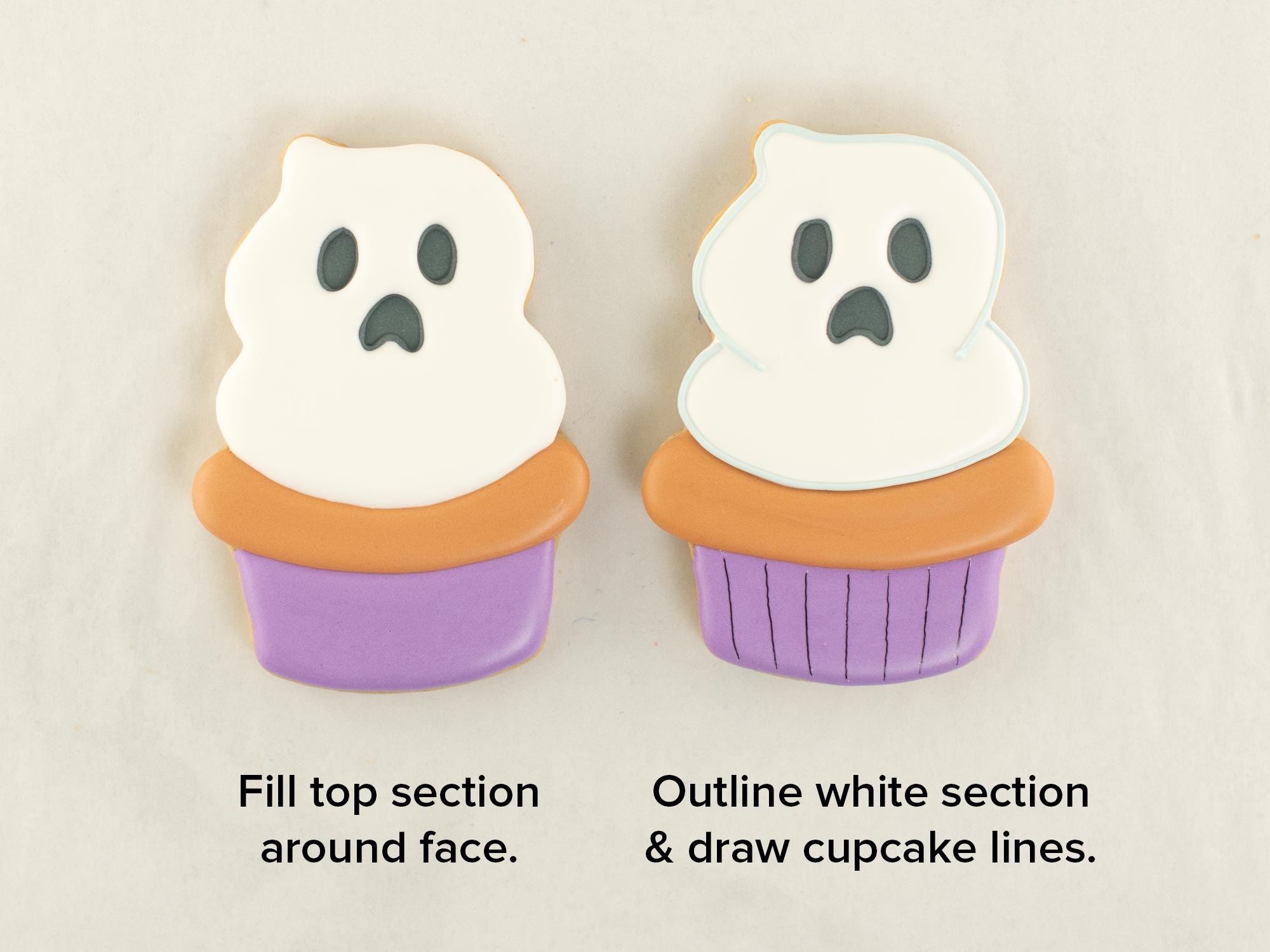 decorating a ghost cupcake cookie with royal icing