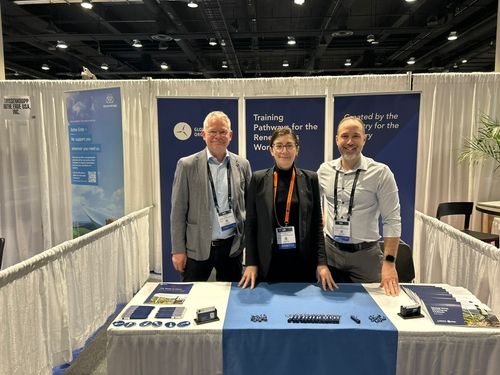 Jakob Lau Holst, CEO of GWO, Sara Bastholm, Head of Communications at GWO and Dan Ortega, Network Development Manager at GWO at the GWO booth, ACP OMS Conference 2026