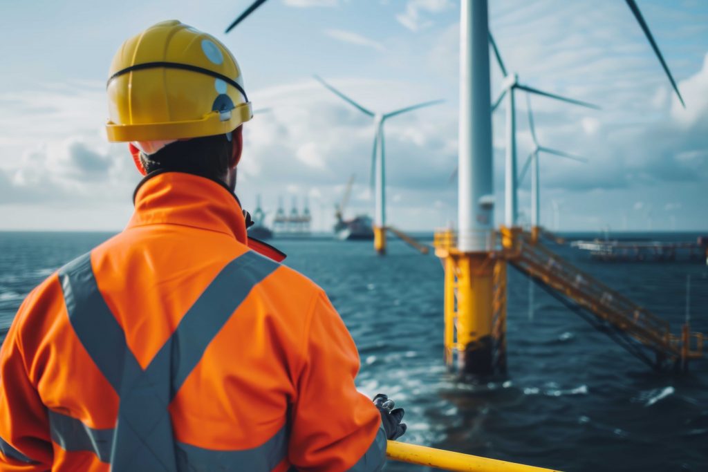 Man looking at wind offshore wind turbine