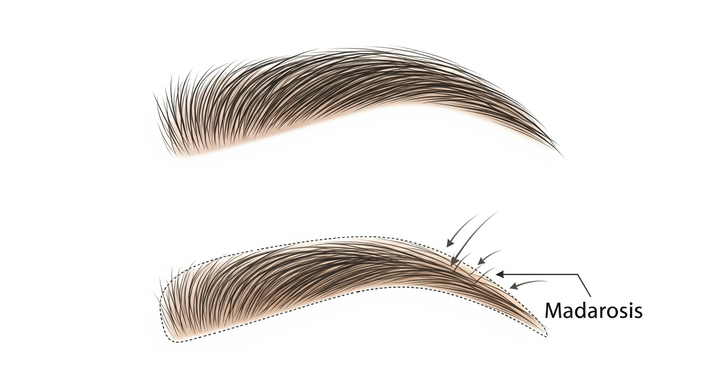 Medical illustration comparing a healthy, full eyebrow to an eyebrow with madarosis, showing distinct hair thinning at the outer third of the brow.