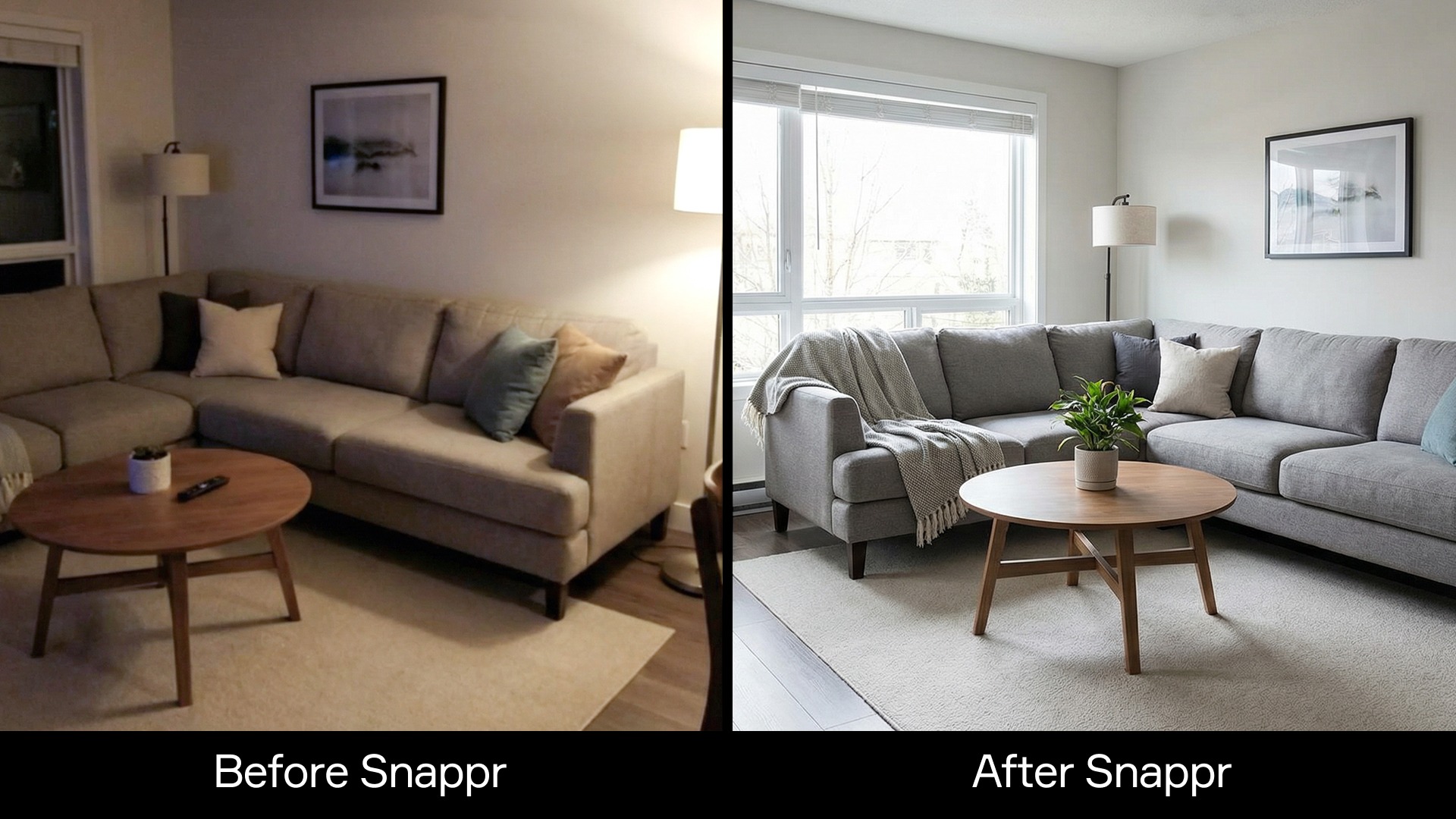 Real estate photography services before and after — amateur vs. professional rental listing photo
