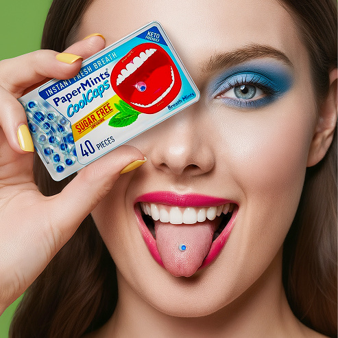 Girl holding a protein snack bar with a clean blue background in a product lifestyle shot.