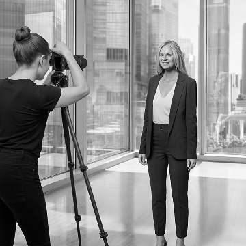 Photographer on tripod shooting a woman in a suit by a city-view window for her headshot.