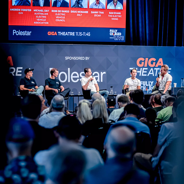 EV industry experts on a panel at Giga Theatre during the Fully Charged Live event.
