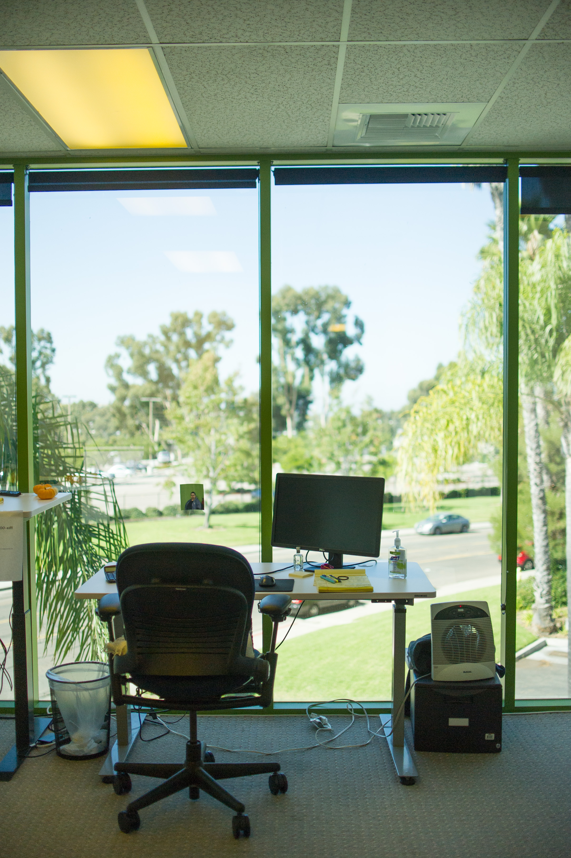 Lawn Love office desk with monitor and chair facing floor-to-ceiling window with view of palm trees and parking lot