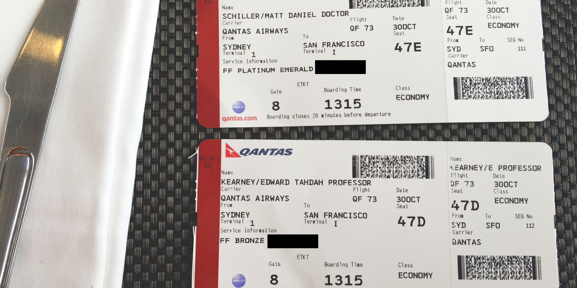 Two Qantas Airways boarding passes for Sydney to San Francisco flight on the Snappr founders' trip to Y Combinator