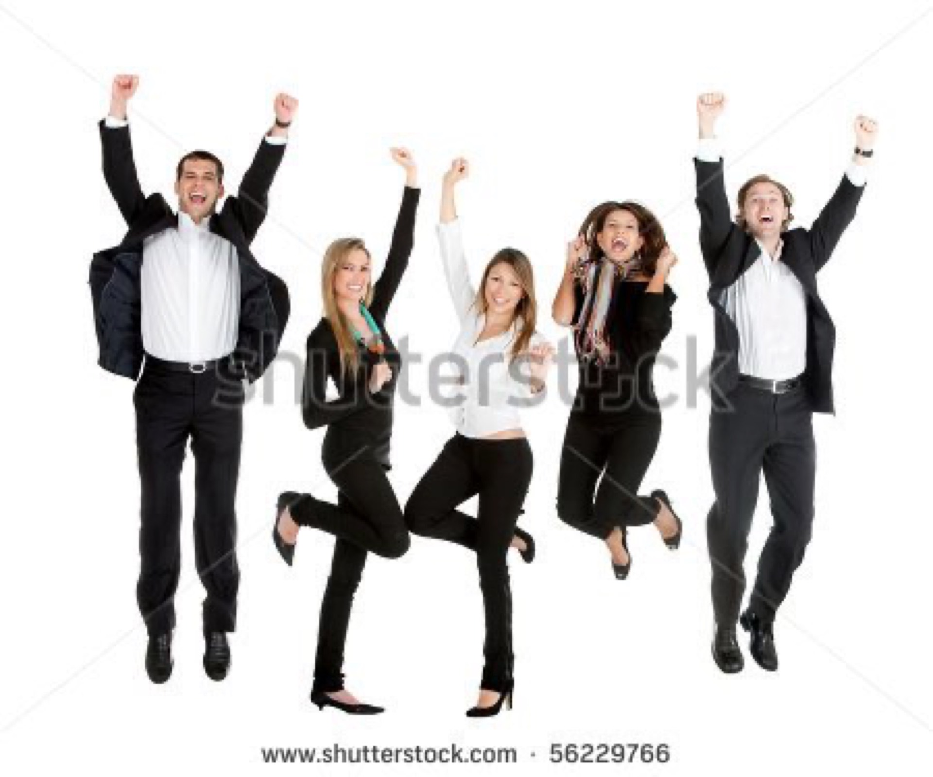 Five business people in black suits jumping with fists raised against a white background, the classic overused success jump stock photo cliche
