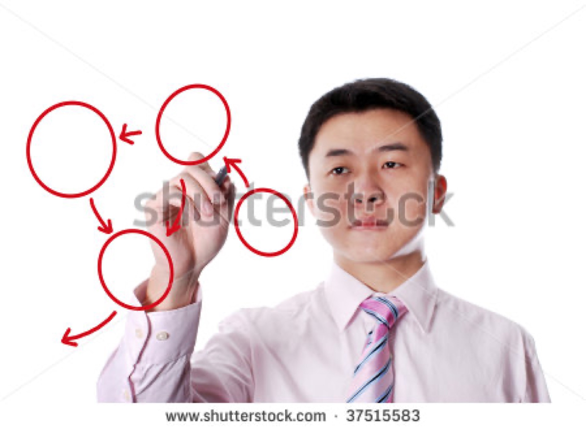 Businessman in a pink shirt drawing red circle diagrams on a transparent board, a classic overused stock photo archetype known as the transparent whiteboard thinker