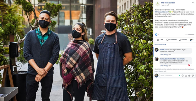 The Yard Garden restaurant Facebook post showing masked staff outdoors — social media transparency for COVID-era dining safety