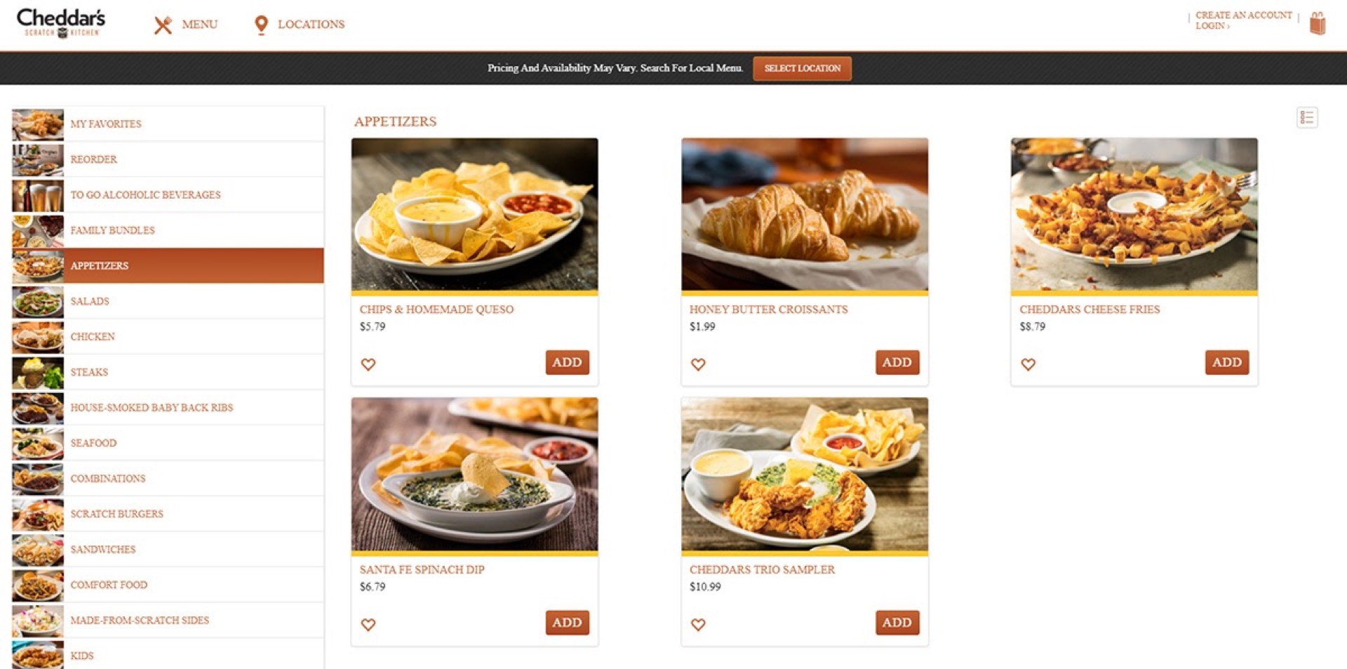 Cheddar's Scratch Kitchen online menu showing appetizer photos including chips and queso and croissants with food photography
