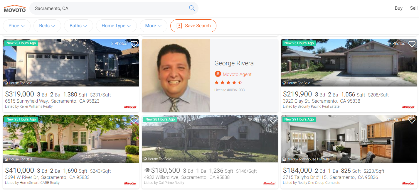 Movoto Sacramento real estate search results showing agent George Rivera profile and inconsistent listing photo quality
