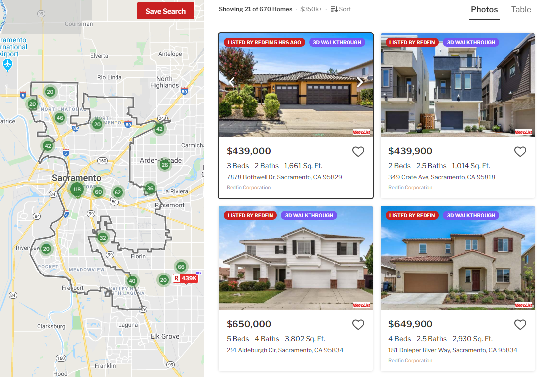 Zillow Sacramento listing results grid showing consistent professionally shot home exterior photos for brand cohesion