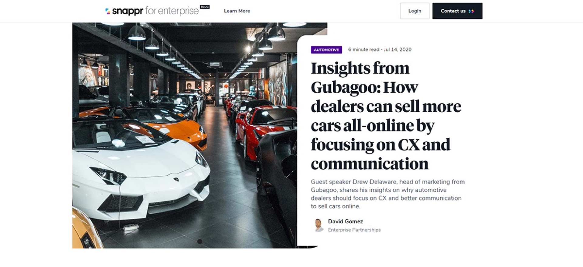 Snappr for Enterprise blog article on luxury car showroom insights for online auto auction sales communication