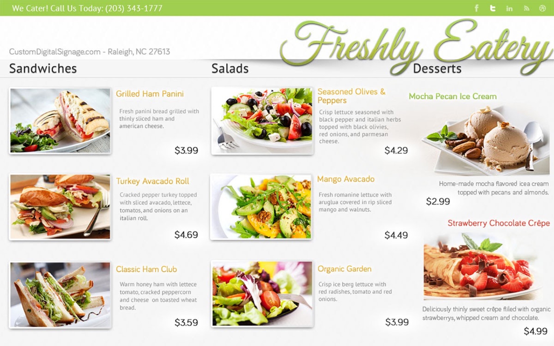 Digital restaurant menu board displaying salads, sandwiches, and light desserts — selling healthy menu alternatives to address COVID-19 weight gain concerns