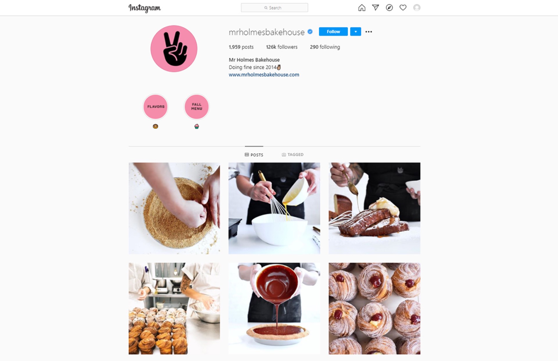 Mr Holmes Bakehouse Instagram profile with 126K followers showing professional pastry and baking photography grid — ghost kitchen social media example