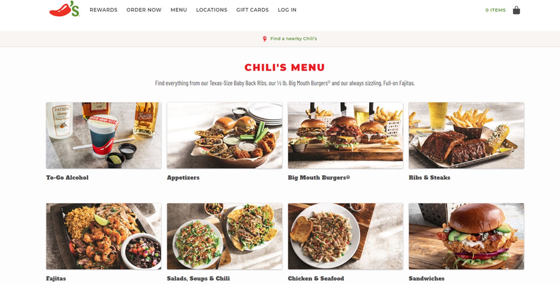 Chilis restaurant online menu page with high-quality food photos for each category including burgers, fajitas, and ribs