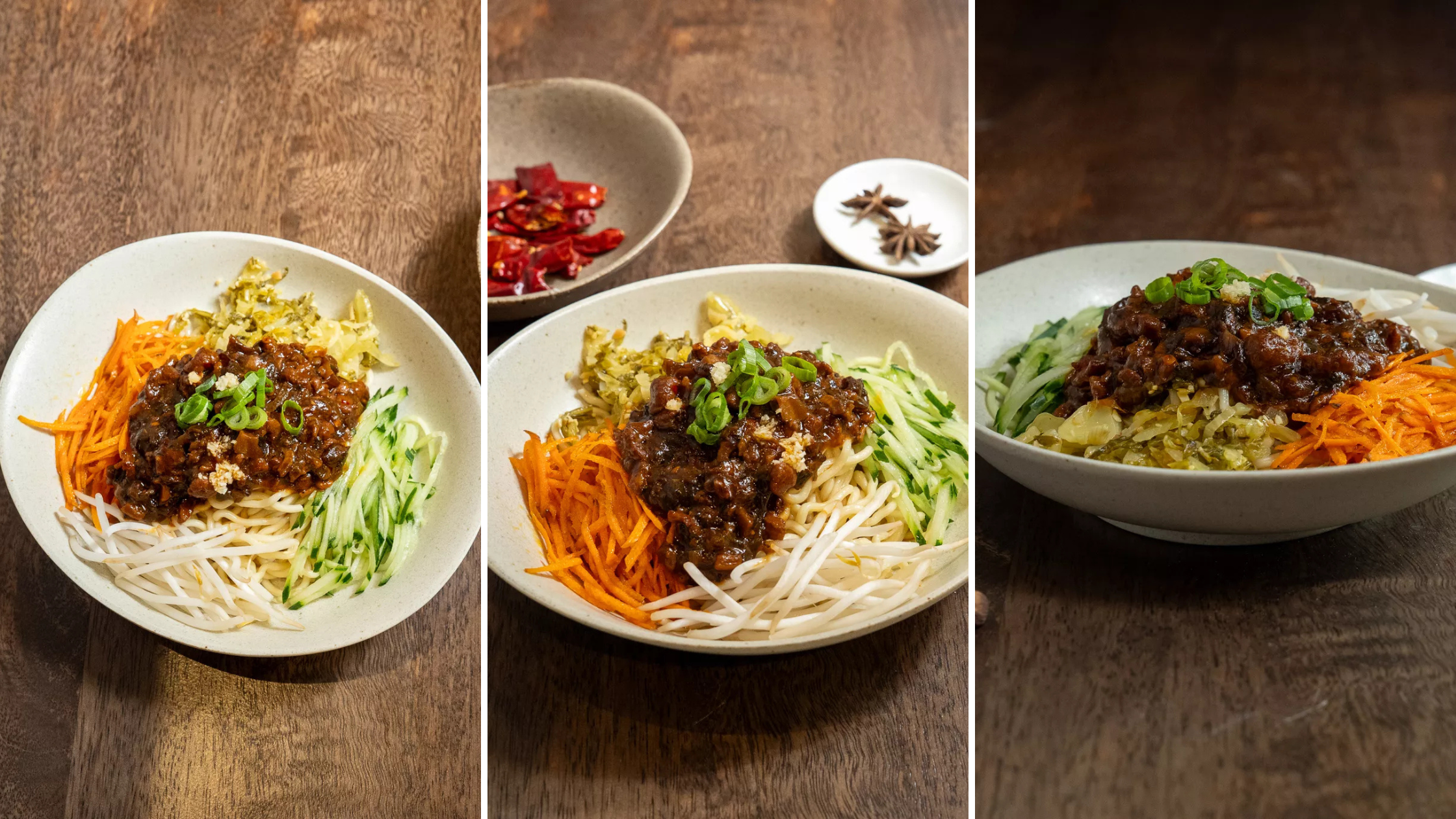 Three-panel food photography tips comparison showing a noodle bowl shot from a high angle, 45-degree angle, and low angle on a wooden table.