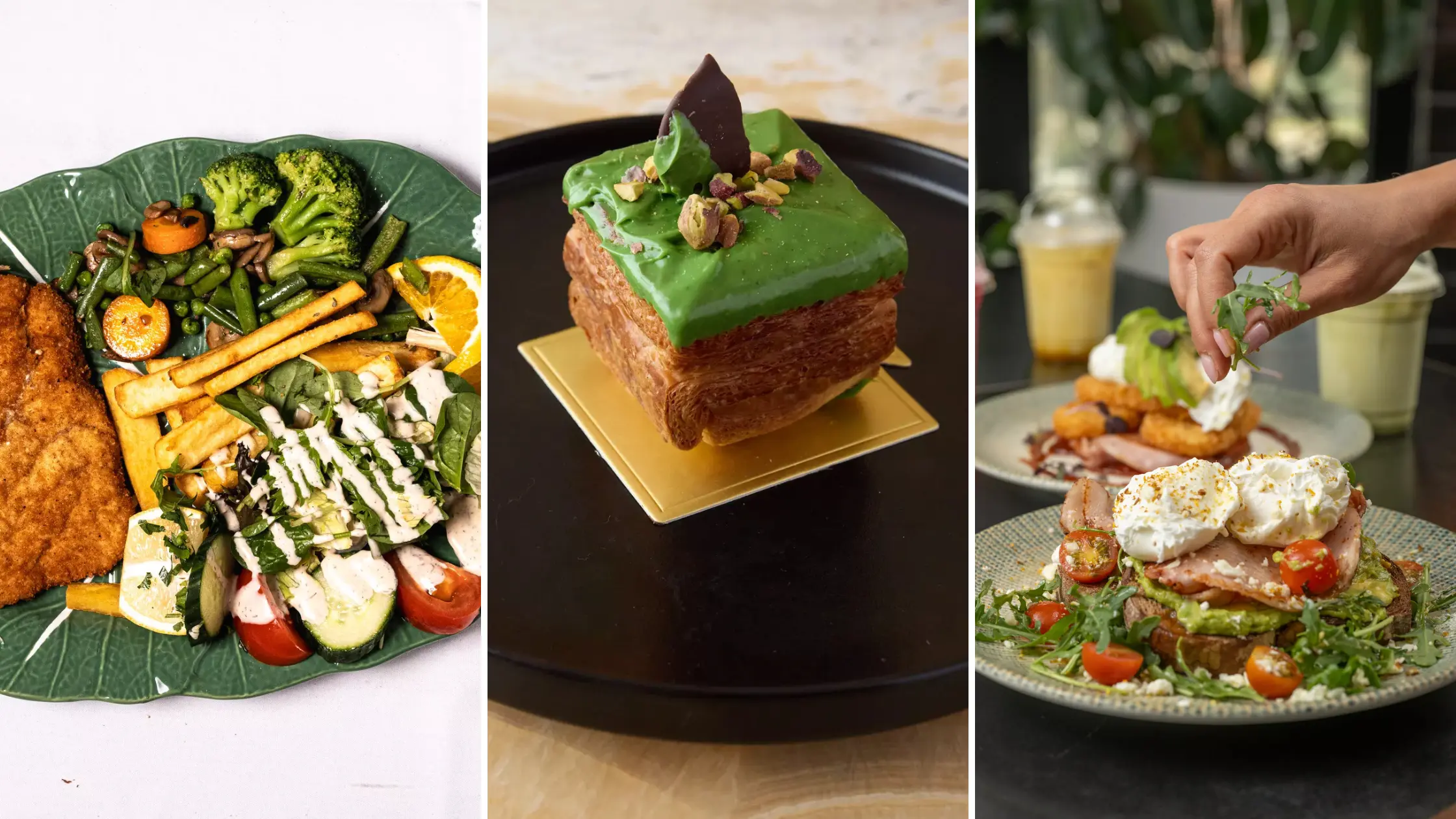 Triptych of food photography: crispy schnitzel with vegetables and salad, pistachio-glazed pastry, and avocado toast with poached eggs.