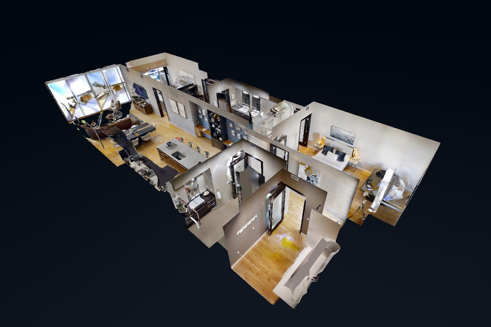 Matterport 3D dollhouse view of a multi-room apartment floor plan, a virtual tour technology replacing open houses in post-Covid real estate marketing