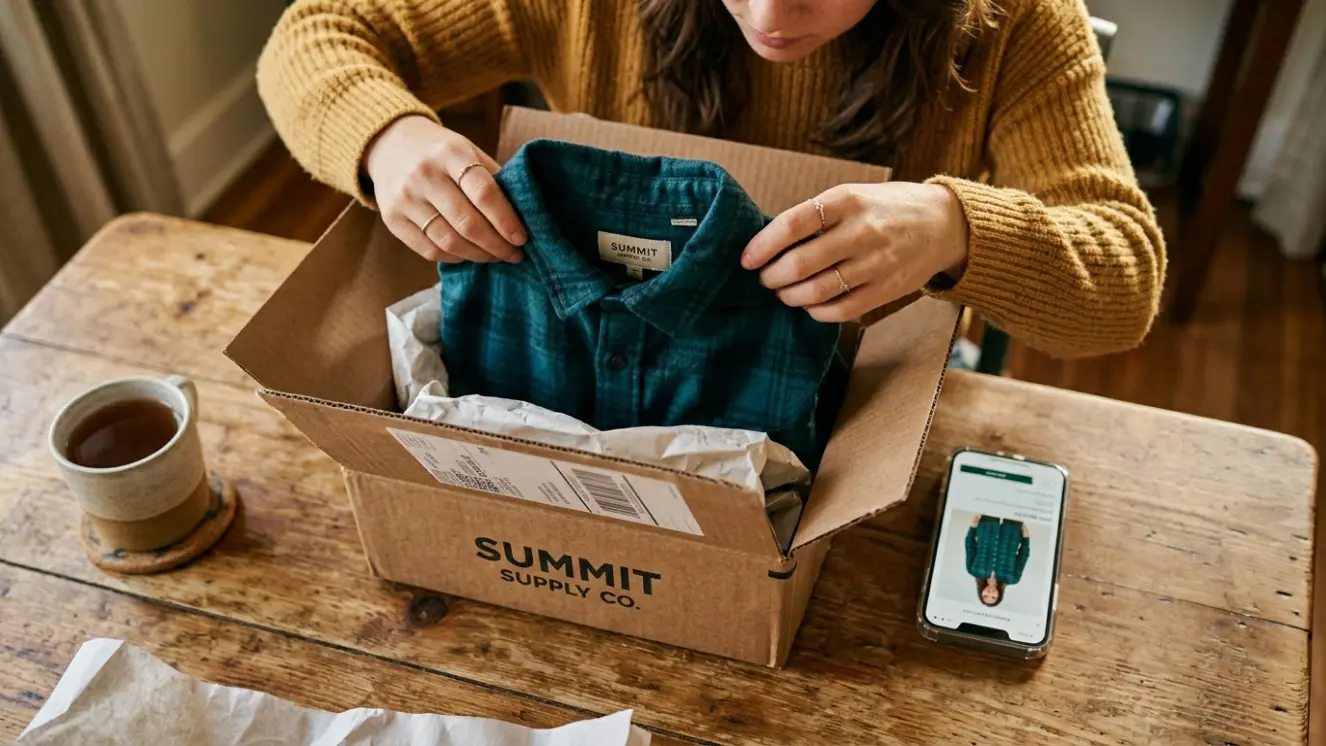 Customer unboxing an order beside the listing photo, the ecommerce return rate moment.
