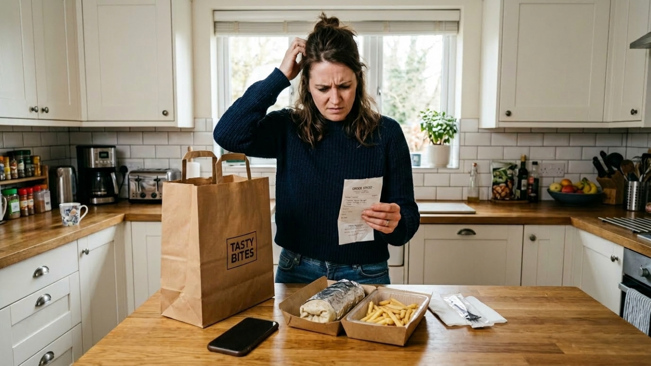 Confused customer with food delivery order — ecommerce return rate rises when product photos mislead.