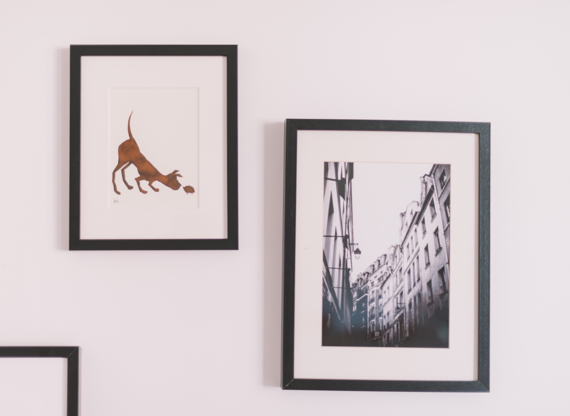 Two framed prints on a white wall — a dog illustration and a black-and-white Paris street scene — highlighting the enduring value of printing your photographs