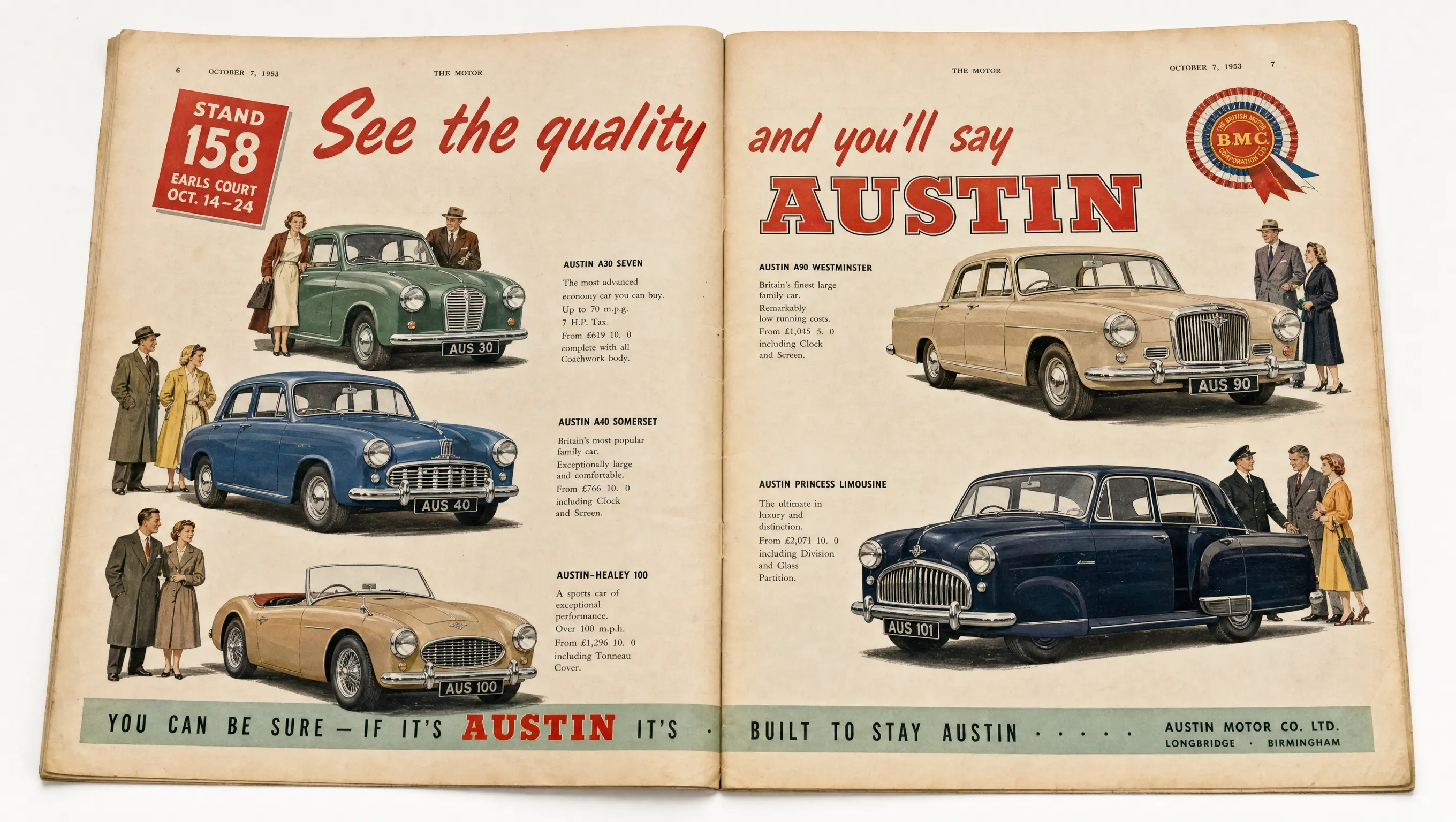 1950s Austin print ad spread — early auto photography and illustration in motoring magazines.