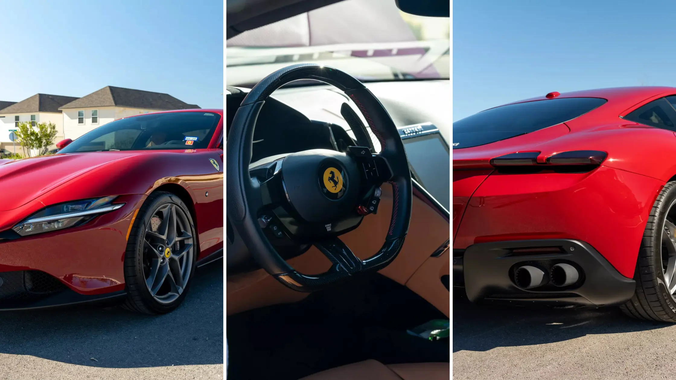 Auto photography triptych of a red Ferrari Roma: front detail, steering wheel interior, rear exhaust