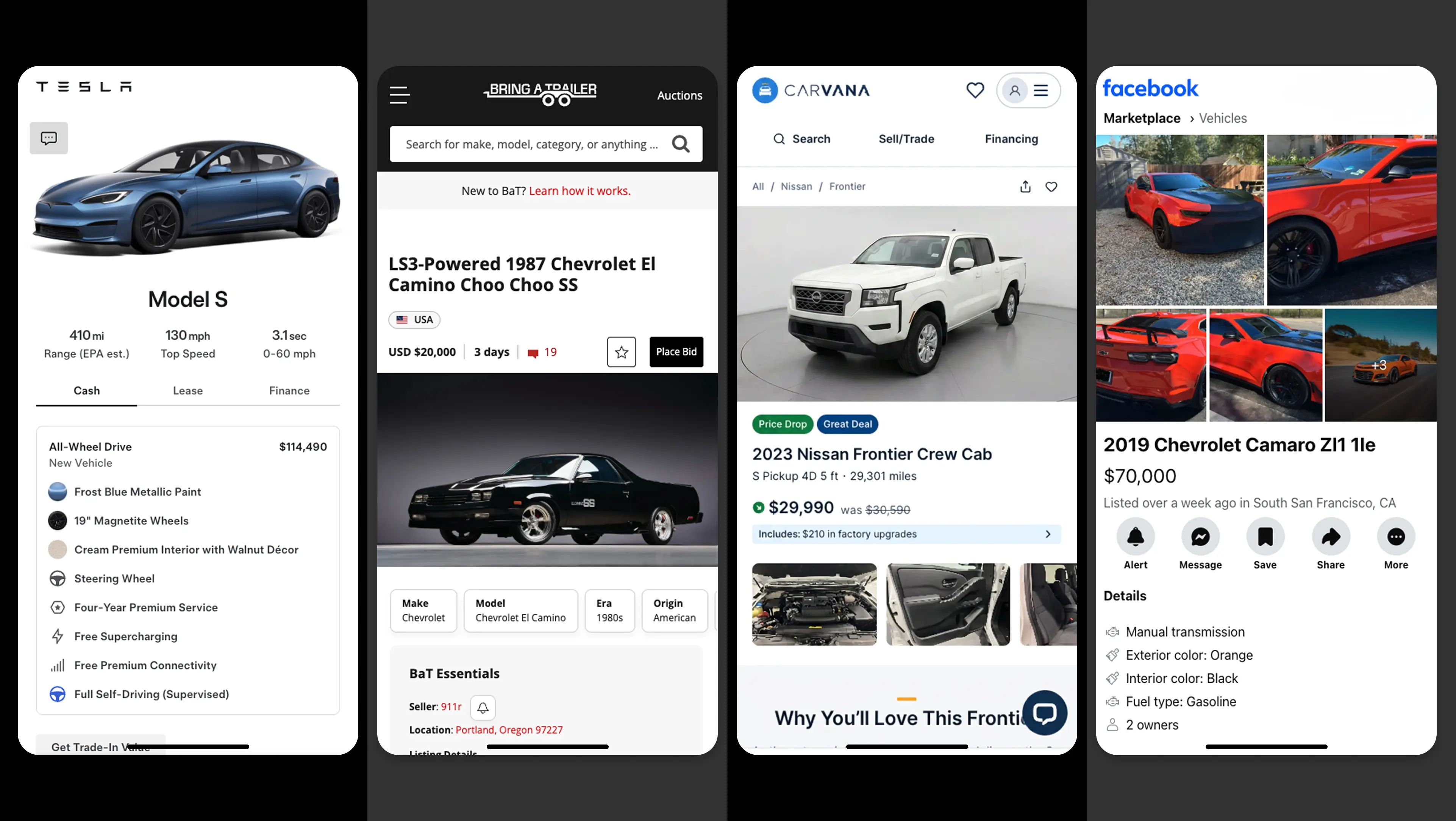 Auto photography across car marketplaces: Tesla, Bring a Trailer, Carvana, and Facebook listings