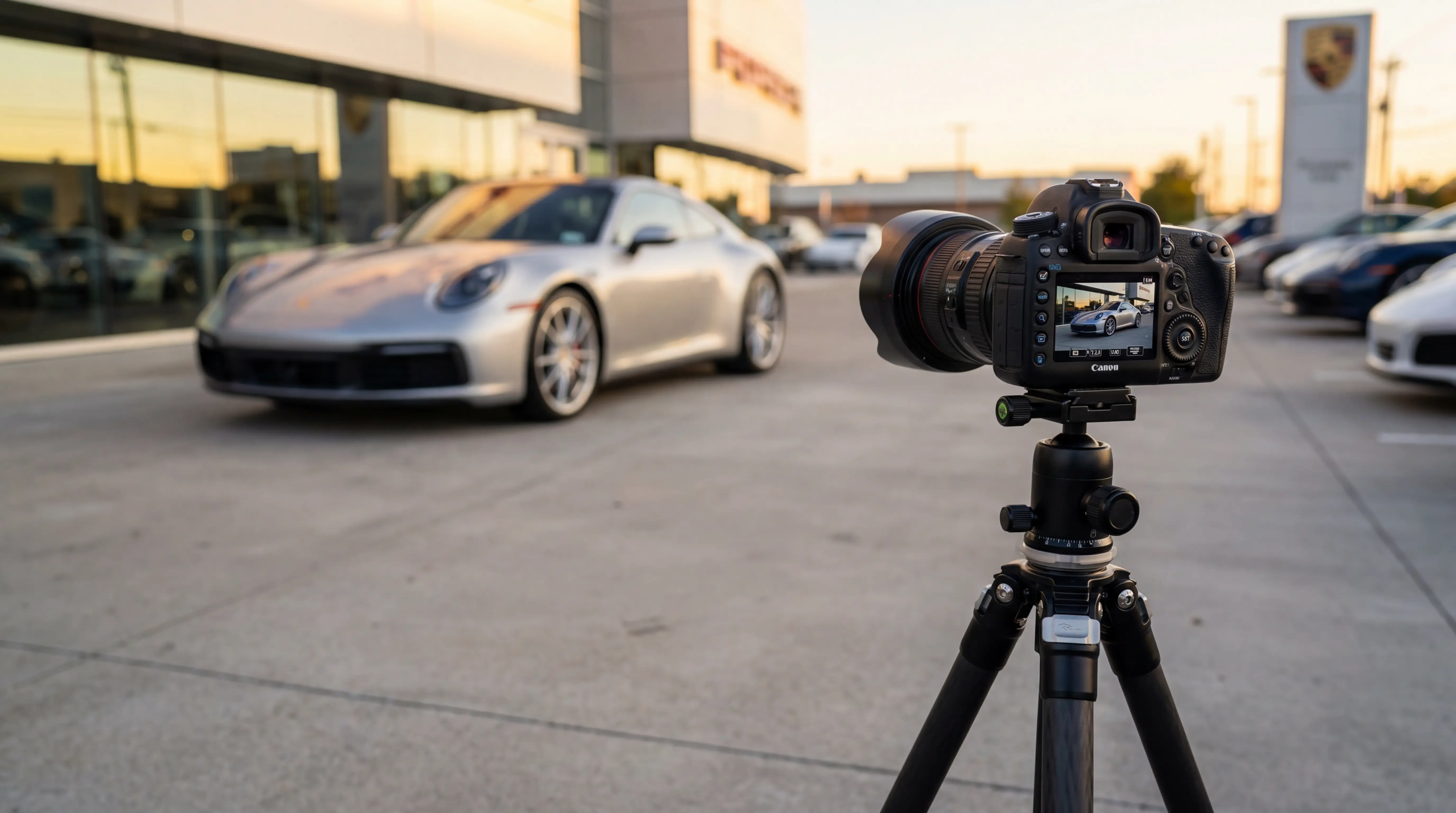 Auto photography setup at a Porsche dealership, tripod-mounted DSLR framed on a silver 911 at dusk.
