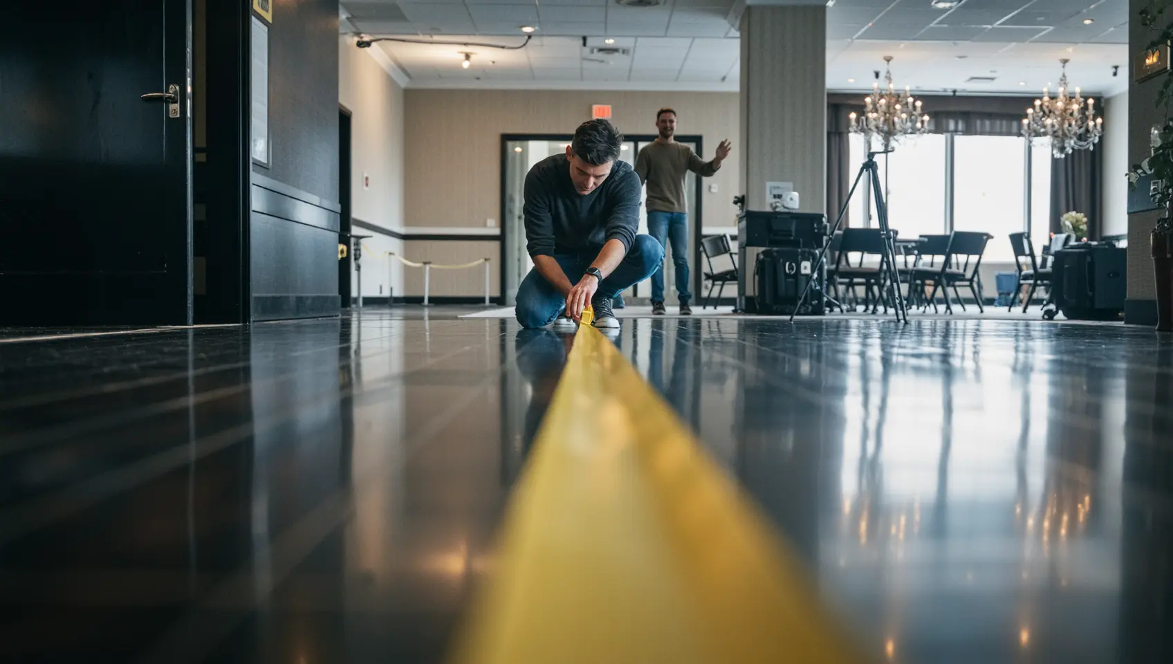 Videographer marking a camera position with tape in an empty ballroom before an event.