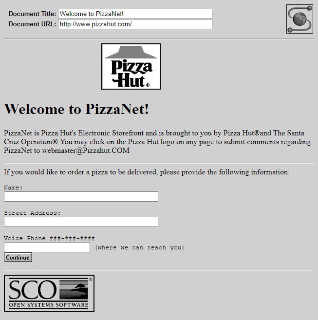 Screenshot of PizzaNet, Pizza Hut's 1994 online ordering website, one of the first internet food delivery platforms
