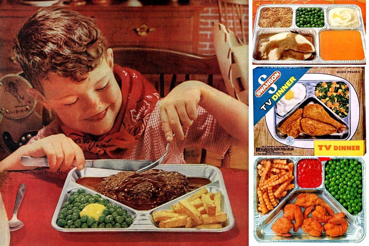 Vintage 1950s Swanson TV dinner advertisements showing aluminum tray meals for families