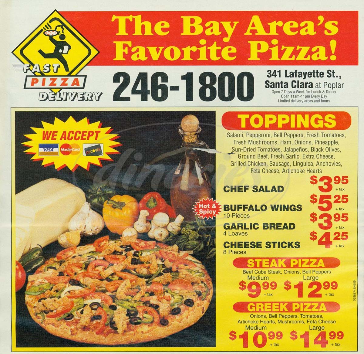 Vintage paper pizza delivery menu flyer with prices and toppings from a local pizzeria