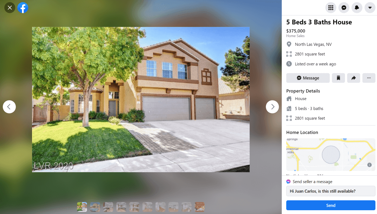 Facebook Marketplace FSBO listing showing a 5-bed 3-bath house in North Las Vegas with exterior photo and property details