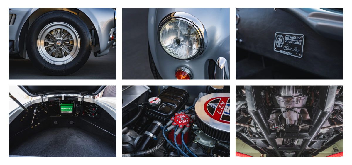 Six-panel close-up detail grid of a classic car showing wheel, headlight, badge, dashboard gauges, engine bay, and undercarriage