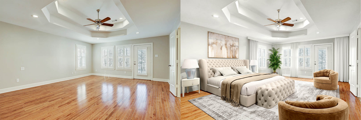 Before and after virtual staging of a bedroom with tray ceiling showing queen bed and dresser