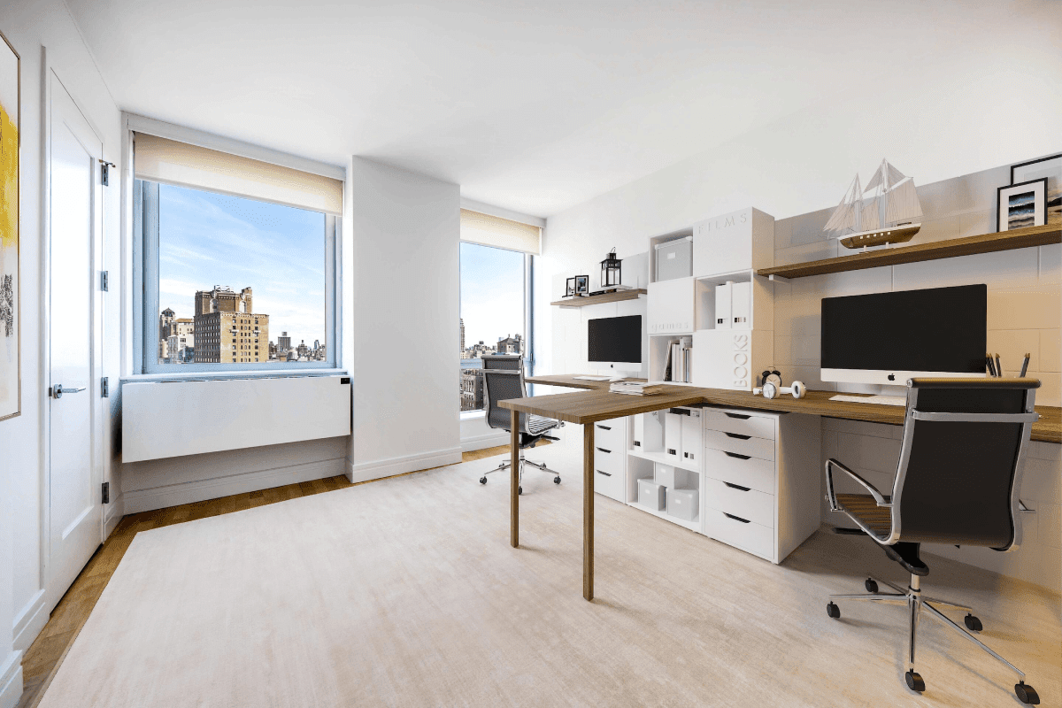 Virtually staged modern home office with city skyline view through floor-to-ceiling windows