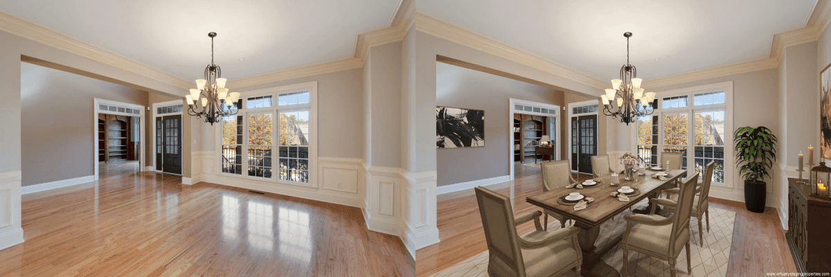 Before and after virtual staging comparison of a dining room with open floor plan and chandeliers