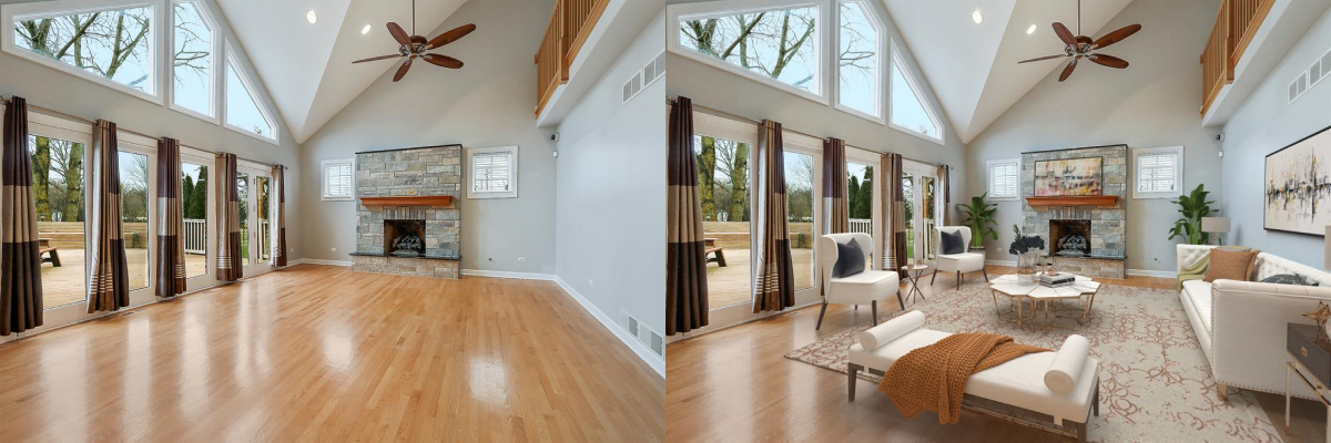 Before and after virtual staging of a great room with vaulted ceiling and stone fireplace