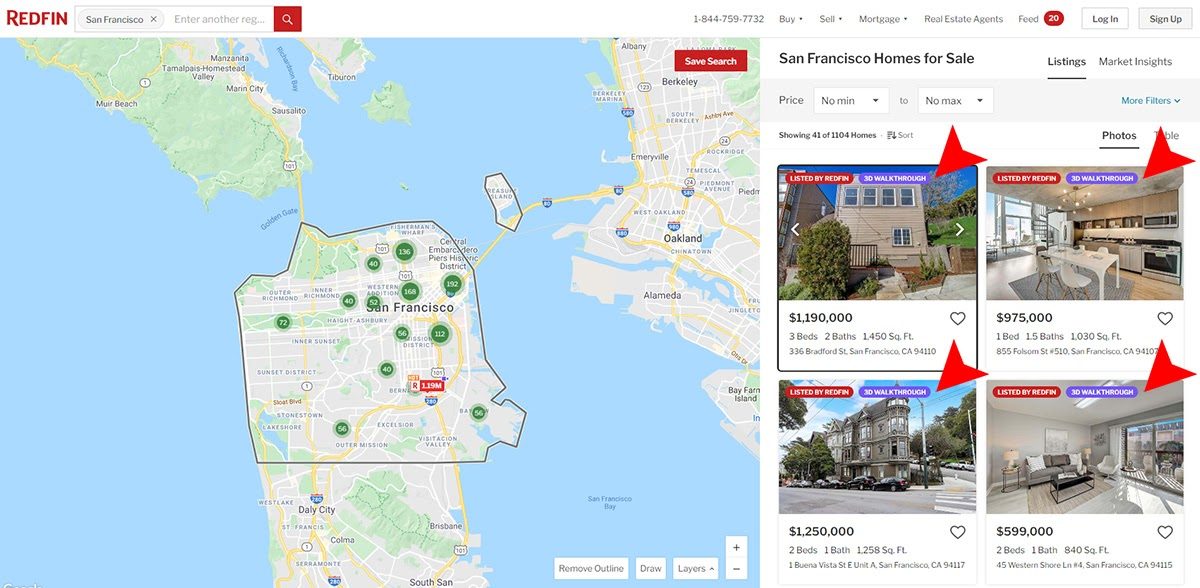 Redfin search results for San Francisco showing listings with 3D Walkthrough virtual tour badges