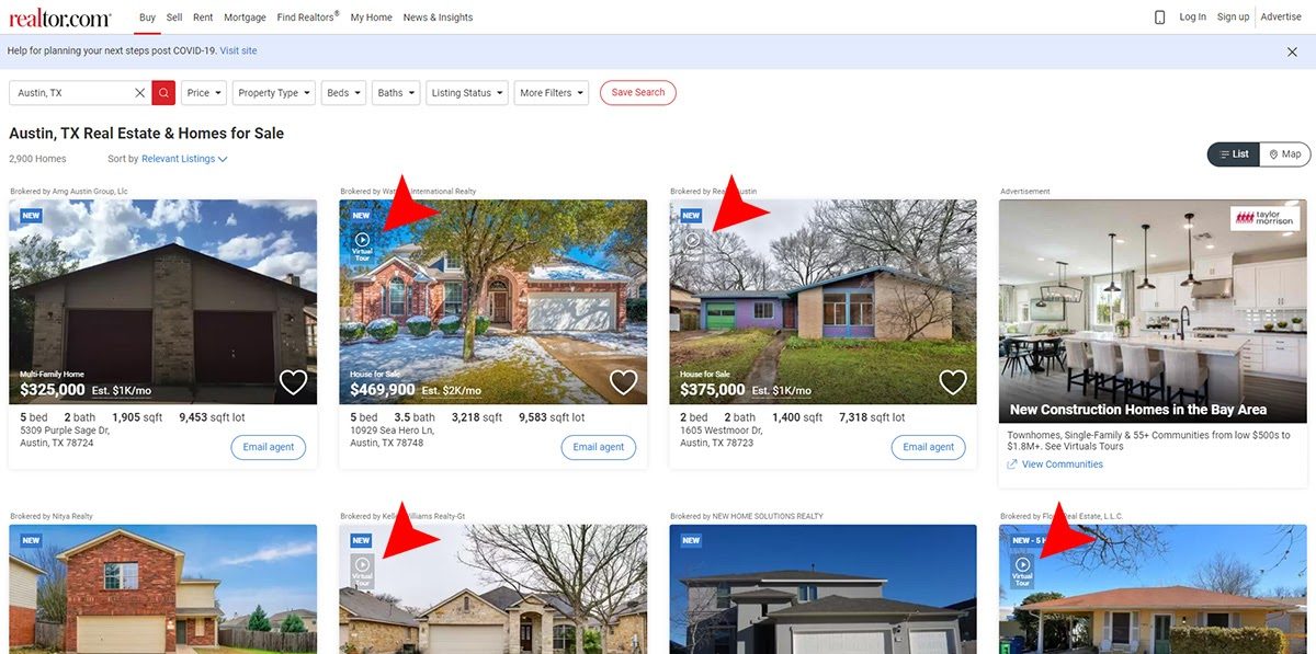 Realtor.com search results for Austin Texas showing home listings with virtual tour indicators