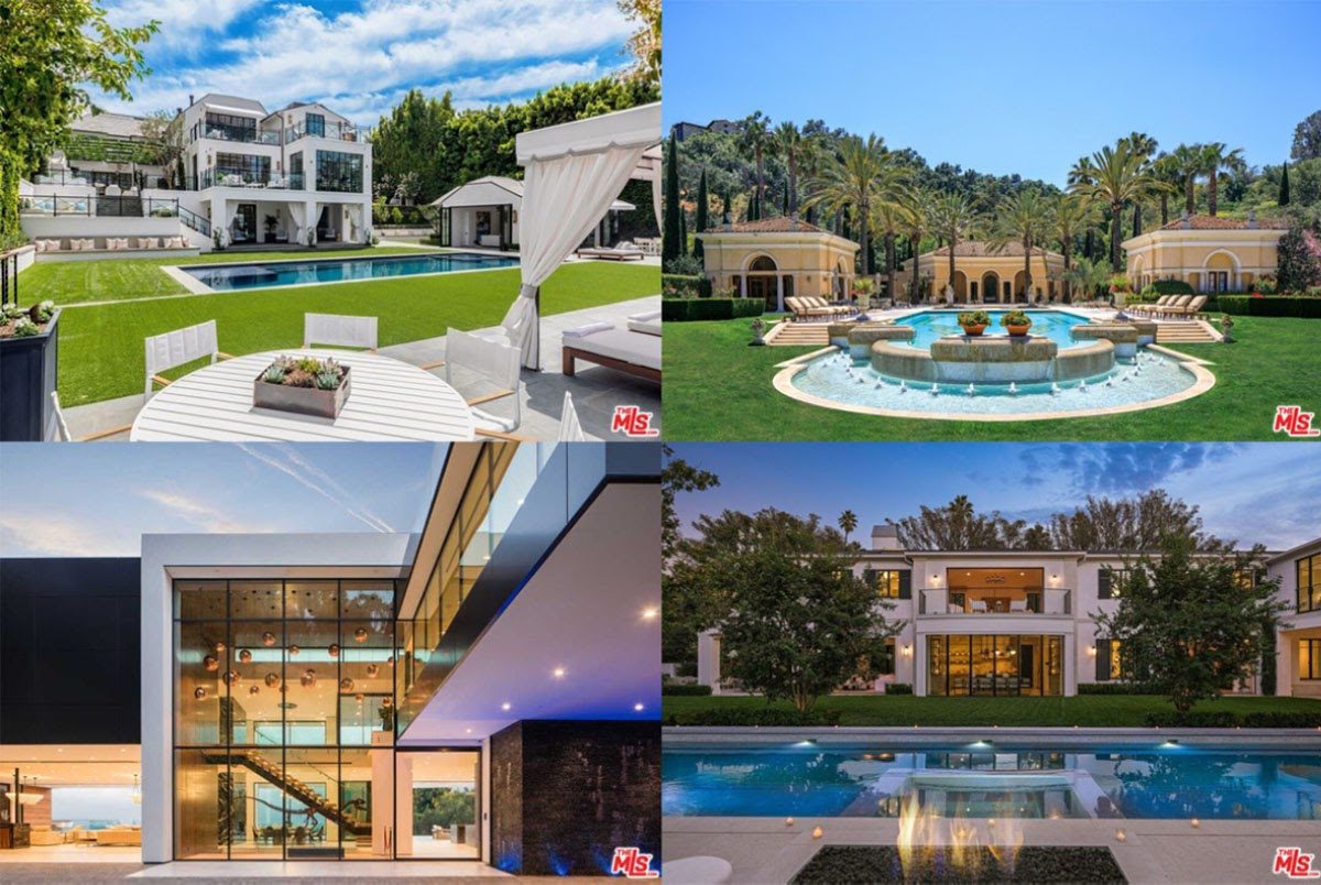 Four luxury Beverly Hills mansion listings with pools, modern architecture, and landscaping from a top real estate agent portfolio