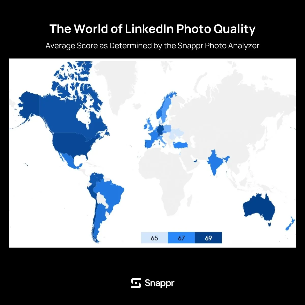 World map showing LinkedIn photo quality by country, color-coded by average Snappr Photo Analyzer score. Darker blue indicates higher scores (69), with Chile, Australia, and the United States among the top-scoring nations. Lighter blue indicates lower scores (65).