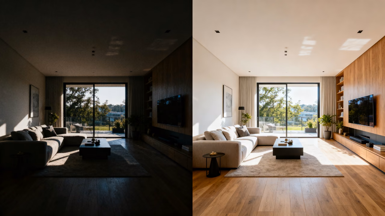 Before and after real estate photography comparison showing amateur vs. professional interior shots of a living room