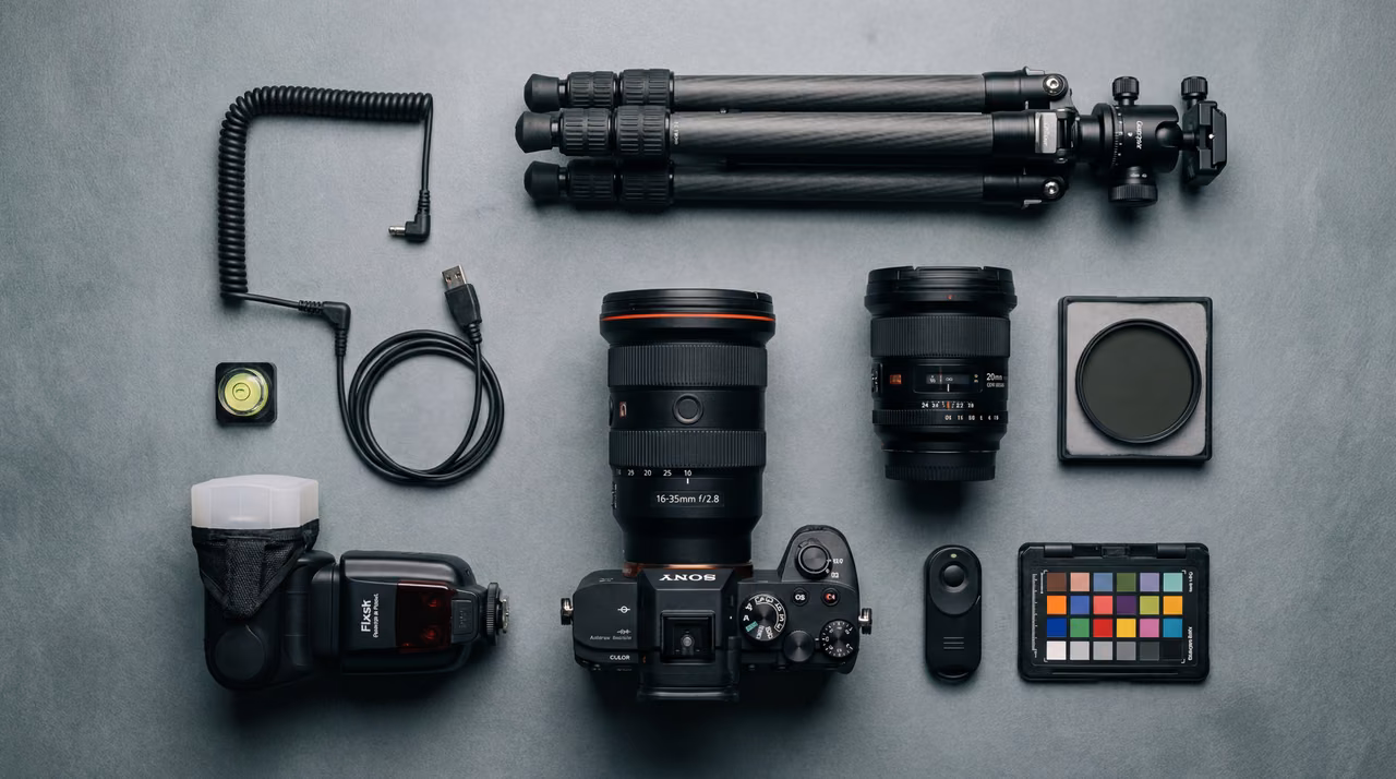 Flat-lay of professional real estate photography equipment, including a mirrorless camera, a wide-angle lens, a tripod, a speedlight, and accessories