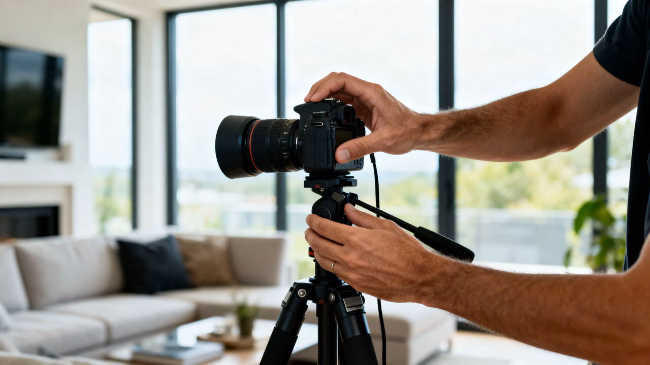Real estate photography setup showing a photographer using a tripod and flash lighting in a staged living room