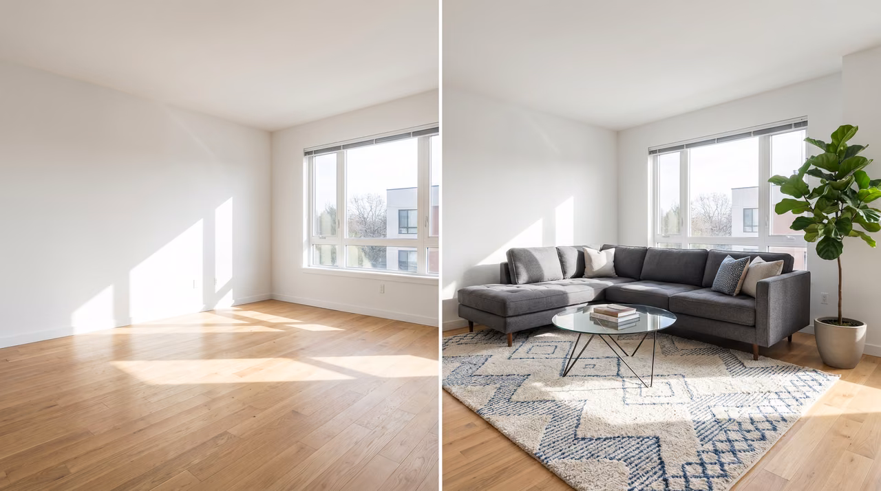 Real estate photography before and after virtual staging showing empty room transformed with AI-generated furniture
