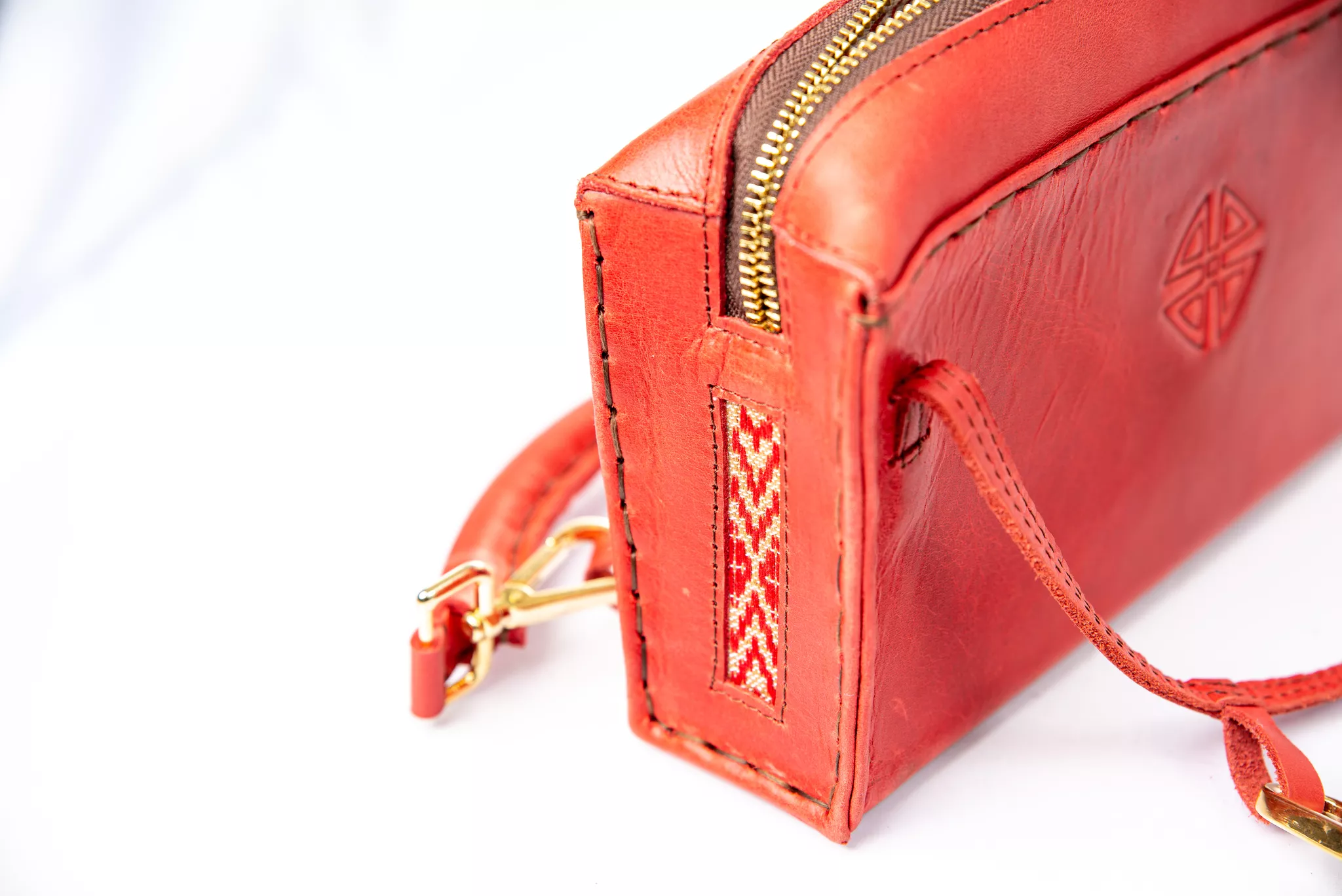 Detail product photography of a red leather bag's zipper and stitching on white.