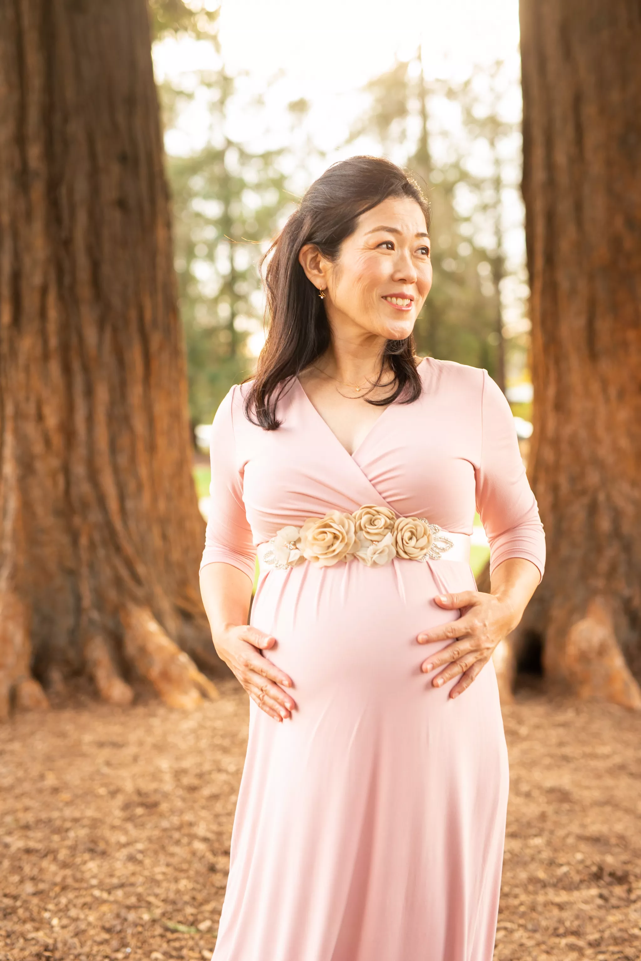 Maternity photo poses in a blush gown — hands cradling under the bump among redwood trunks.